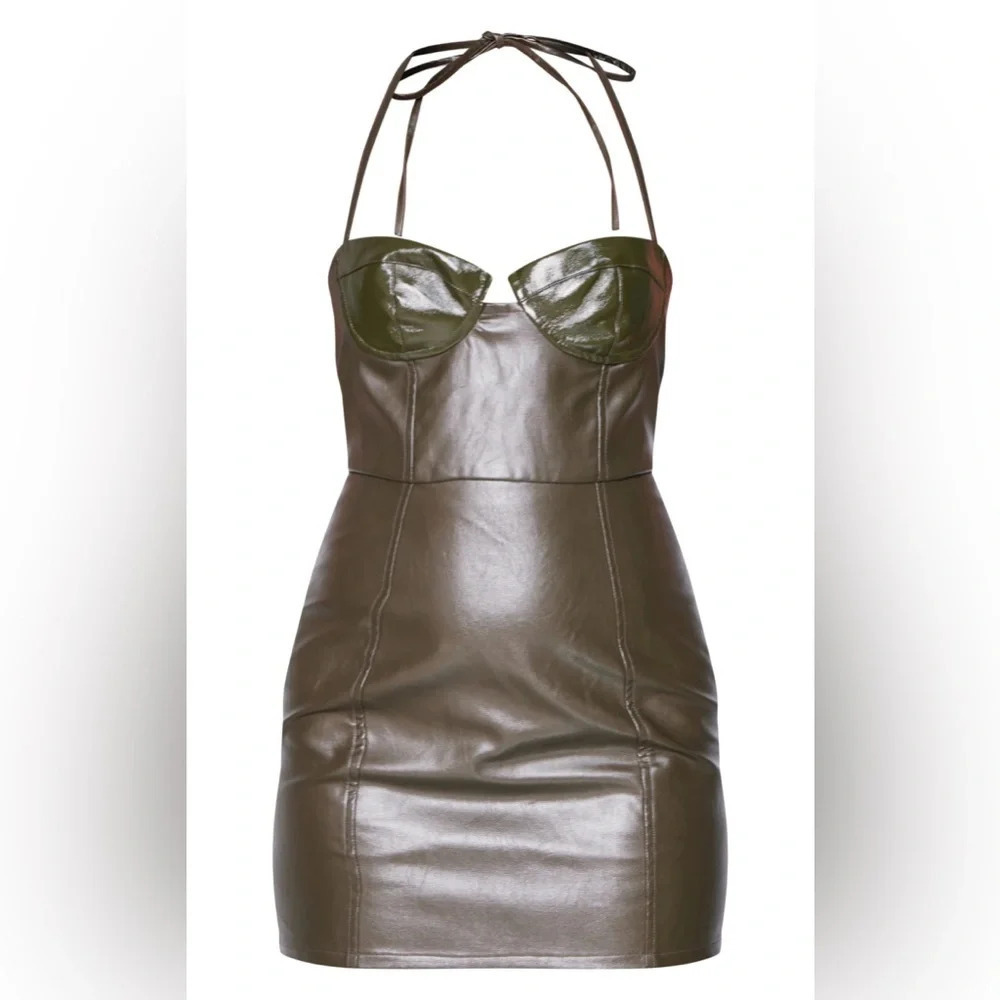 Pretty Little Thing Dark Khaki PU Cup Detail Halterneck Bodycon Dress - Picture 2 of 5